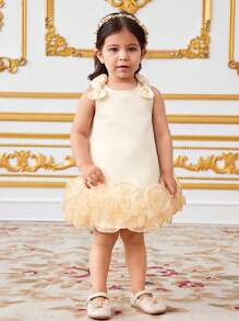 SHEIN Baby Girl Elegant Round Neck Bowknot Shoulder Decor Ruffle Hem Dress - Champagne - View 1