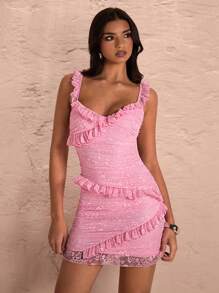 SHEIN BAE Hell rosa figurbetontes Minikleid mit tiefem V-Ausschnitt, geraffter Spitze und Rüschenkante, geeignet für Frühling, Valentinstag, Party, romantische Dates, Brautjungfer, Abschlussball, Büro, Alltag