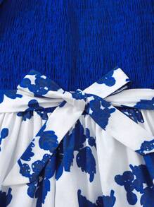 SHEIN Teen Girls Floral Print Puff Sleeve Shirred Dress - Blue and White - View 4