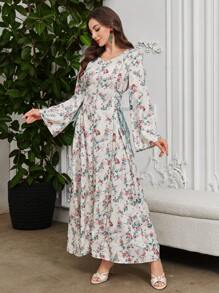 Al Najma Váy dài tay ren in họa tiết hoa toàn thân theo phong cách Ả Rập, váy kaftan maxi chữ A thanh lịch giản dị Jalabiya Ả Rập, dành cho tiệc tối/khách dự tiệc cưới/kỷ niệm - Đỏ - Xem 4
