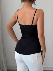 SHEIN PETITE 女士撞色纽扣装饰开衩下摆休闲吊带背心图案 T 恤女士上衣