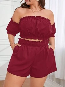 SHEIN VCAY Plus Size Off Shoulder Solid Top And Shorts Casual 2 Pieces Set - Burgundy - View 1