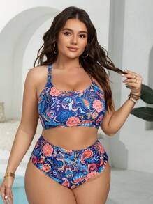 Swim Lushoire Summer Plus Size Women Retro Bohemian Random Print 3-Piece Tankini Set, Conservative Backless Beach Tank Top Tankini - Multicolor - View 7