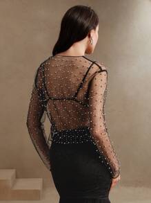 Anewsta Sheer Mesh Women's Long Sleeve Top For Spring/Summer, Beach Vacation, Valentine's Day - Black - View 2