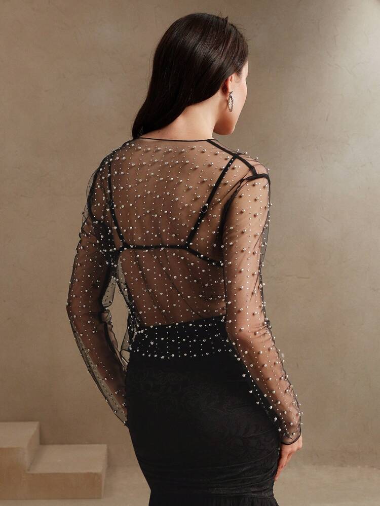 Blusa de manga larga de malla transparente para mujer, ideal para primavera/verano, vacaciones en la playa, Día de San Valentín