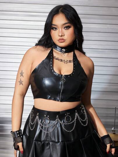 Grunge Punk Canottiere e top da donna di taglia grande, stile punk rock, con chiusura lampo sul retro, in PU nero, con rivetti, adatti per festival musicali