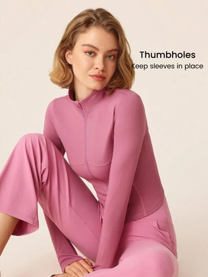 SHEIN Sports 女士运动夹克，纯色长袖拉链，合身