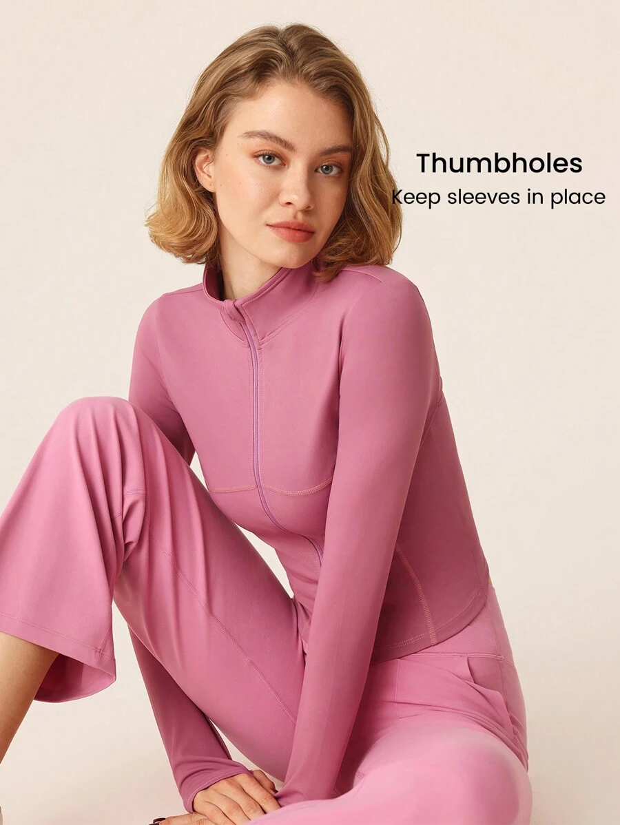 SHEIN Sports 女士运动夹克，纯色长袖拉链，合身