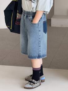 Dazy Kids 年轻男孩纯色拼布口袋简约休闲牛仔短裤 - 藍色 - 查看 7