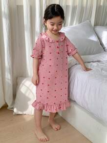 Dazy Kids Pijamale minimaliste cu imprimeu cu inimioare, mâneci scurte și nasturi în față pentru fete tinere, ținute de vară pentru fete
