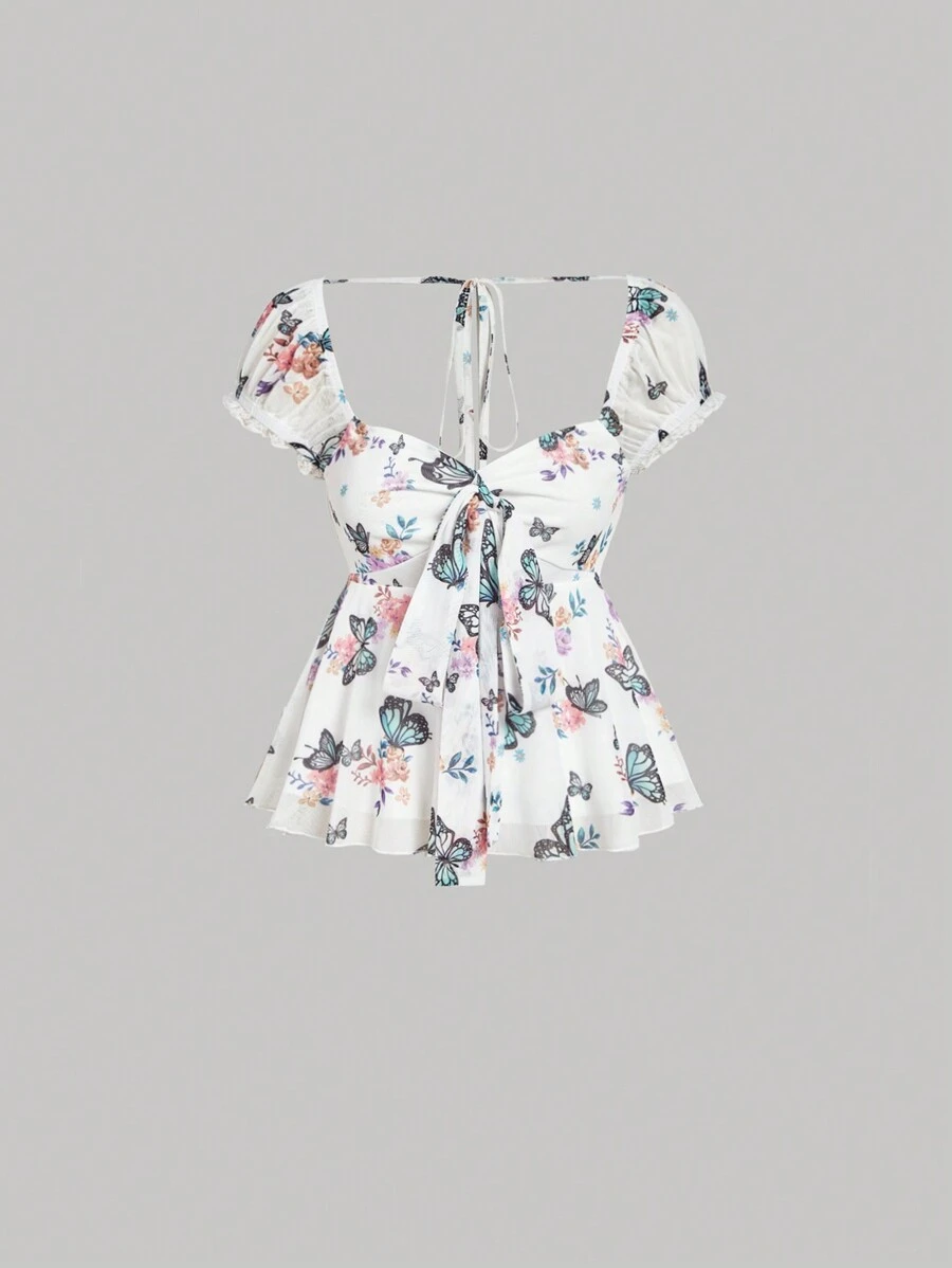 SHEIN MOD Áo thun nữ tay phồng bất đối xứng họa tiết bướm, phong cách Bohemian, thích hợp cho kỳ nghỉ, ngày Valentine, áo croptop, áo thun mùa hè, áo thun có nơ. - Nhiều màu - Xem 1