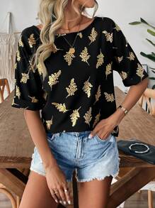 SHEIN LUNE 女士时尚休闲衬衫，短袖，垫肩翻领，圆领，黑色和金色树枝和树叶印花，宽松版型，春夏 - 黑色 - 查看 6