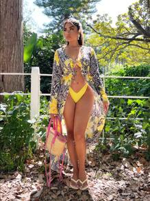 SHEIN SXY Front Lace-Up Long Sleeve Casual Sexy Animal Print Ruffle Trim Blouse - Multicolor - View 3