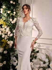Glamrae 优雅奢华白色蕾丝拼布弹力针织亮片串珠贴花装饰透明长袖深 V 领修身鱼尾长下摆婚礼礼服 - 白色 - 查看 2