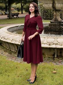 Vintamour 复古优雅女式中长连衣裙，夏秋季修身蝴蝶结腰泡泡袖连衣裙，卡其色感恩节女装秋季服装优雅女装蝴蝶结连衣裙情人节情人节服装女士连衣裙优雅教堂服装女士红色连衣裙优雅 - 酒紅色 - 查看 4