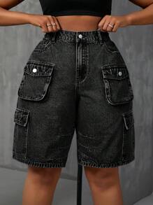 SHEIN SXY Plus Size Women's Cargo Pocket Loose Denim Shorts - Black - View 4