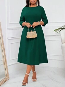 SHEIN Lady Vestido midi de línea A morado plisado elegante y cómodo para uso diario con cinturilla y mangas de longitud media para todas las estaciones, tallas grandes - Verde - Ver 3
