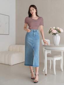 DAZY Áo thun nữ tay ngắn cổ tròn màu trơn đơn giản, mùa hè - Bụi hồng - Xem 5