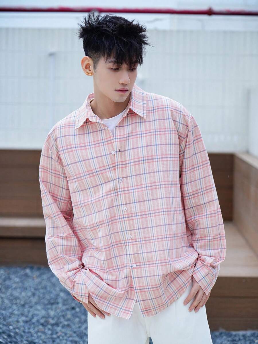 DAZY Camisa de Manga Longa Xadrez Rosa Primavera Homem Monobotão - Vermelho - Visão 1