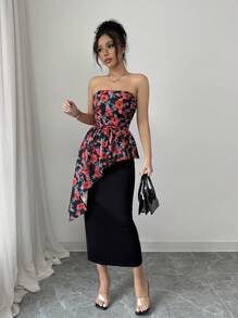 Elenzga Valentine's Day Women Elegant Romantic Floral Asymmetric Patchwork Ruched Waist Bodycon Tube Dress - Black - View 6