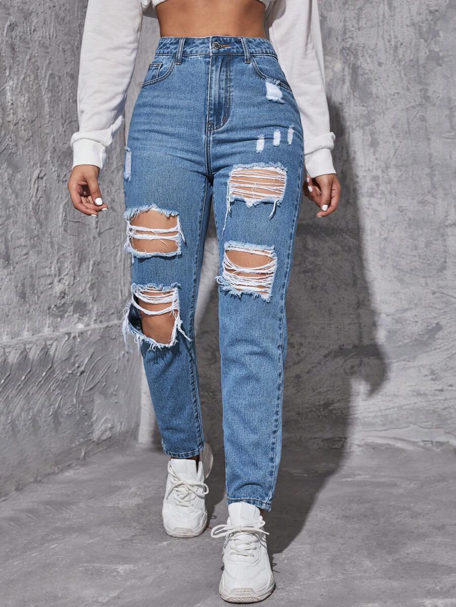 SHEIN EZwear 女士前扣口袋做旧简约休闲牛仔裤,日常休闲 - 中等水洗藍 - 查看 1