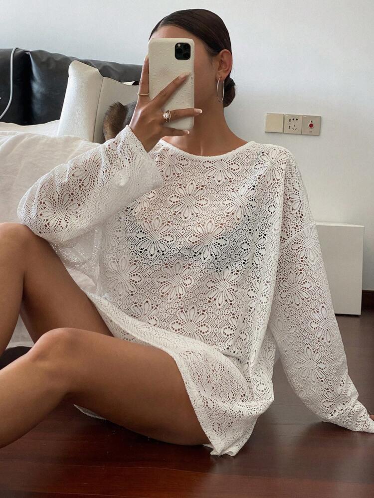Women Loose Sheer Textured Fabric Long Sleeve Blouse,Beach