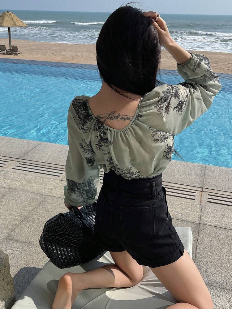 Women's Floral Print Loose V-Neck Long Sleeve Casual Vacation Shirt, Summer