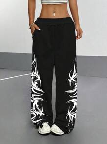 StreetHx Women Gothic Graffiti Floral Print Loose Straight Leg Casual Sweatpants Graduation,Back To School Outfits,Graduation,Teacher Outfits For Women,Back To School