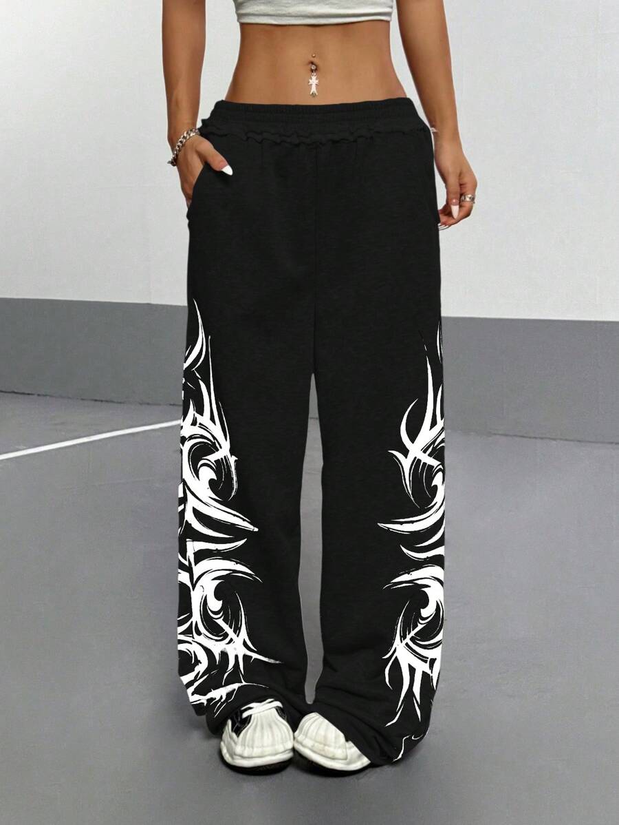 StreetHx Women Gothic Graffiti Floral Print Loose Straight Leg Casual Sweatpants Graduation,Back To School Outfits,Graduation,Teacher Outfits For Women,Back To School