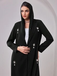 Al Najma Women's  Rhinestone Decorated Long Sleeve Cardigan, Minimalist Casual Arabic Style Abaya