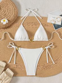 Swim Vcay Conjunto de Maiô Bikini de 2 Peças com Top Triângulo de Amarrar Sem Alça e Costas Nuas e Parte Inferior Envolvente, Cores Sólidas, Conjunto de Maiô Feminino para Férias - Branco - Visão 7