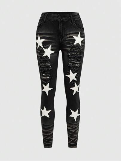 J-Fashion Jeans skinny à taille basse super élastique avec broderie d'étoiles pour femmes
