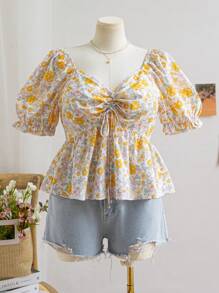 Soleia 大码女式波西米亚风春季黄色碎花甜心领泡泡袖褶皱腰 A 字衬衫，适合夏季 - 彩色 - 查看 1