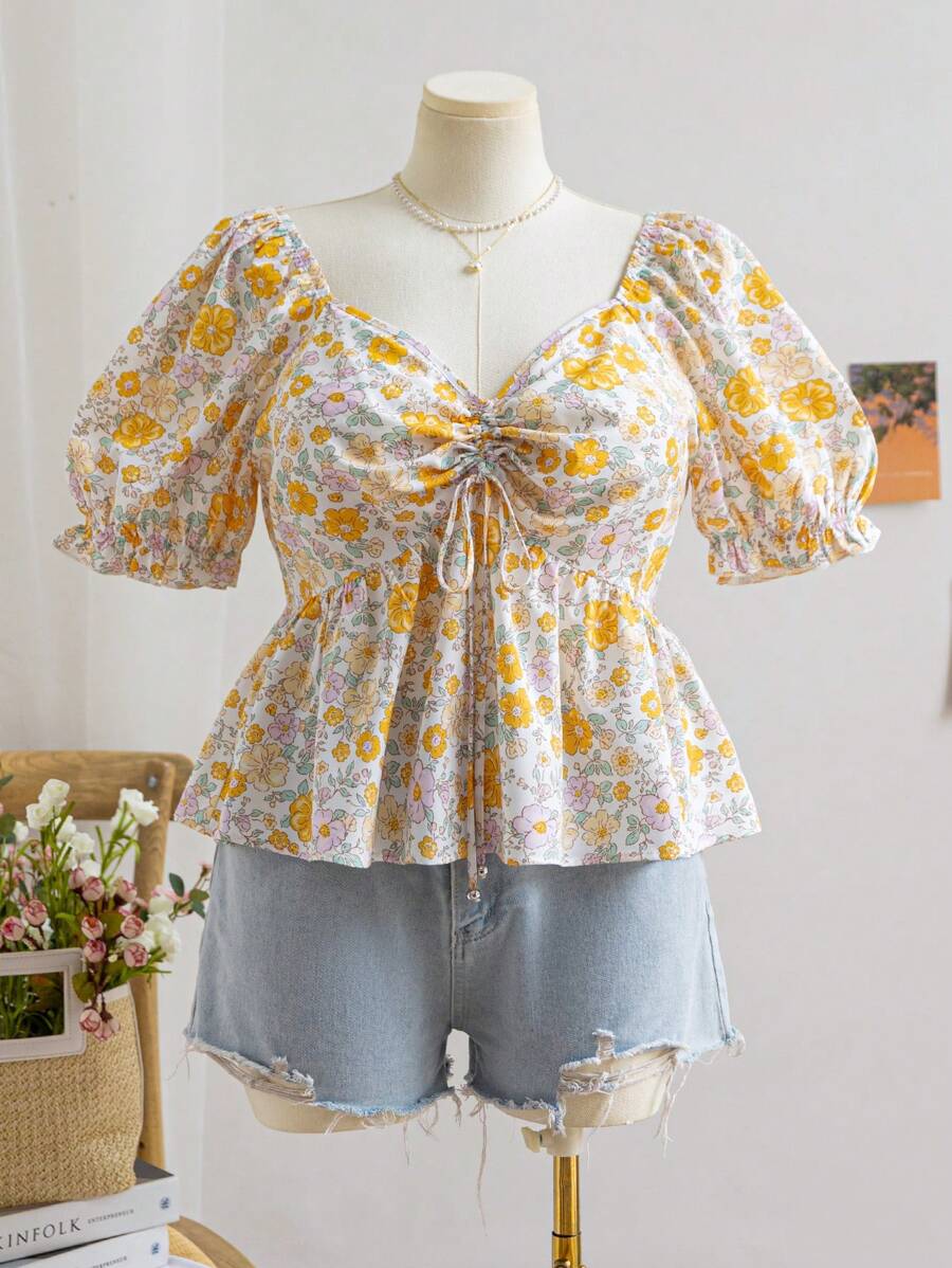 Soleia 大码女式波西米亚风春季黄色碎花甜心领泡泡袖褶皱腰 A 字衬衫，适合夏季 - 彩色 - 查看 1