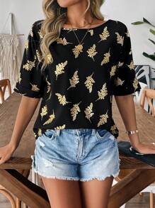 SHEIN LUNE 女士时尚休闲衬衫，短袖，垫肩翻领，圆领，黑色和金色树枝和树叶印花，宽松版型，春夏 - 黑色 - 查看 5