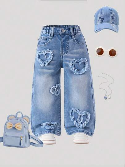 Young Girl Casual Urban Light Wash Fully Elastic Waist Heart Patch Embroidered Wide Legs Pants With Flat Pockets, The Best Daily Fashion, School, Campus, College Summer Holiday