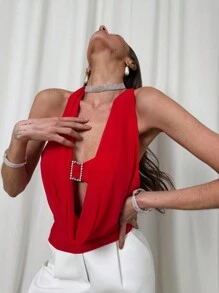 Aloruh Women Solid Color Metal Decor Sleeveless Casual Red Cami Top, Everyday Wear