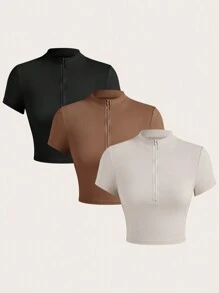 SHEIN EZwear Set de 3 camisetas de manga corta con cuello de pico y cierre de mujer de unicolor ajustadas - Multicolor - Ver 1