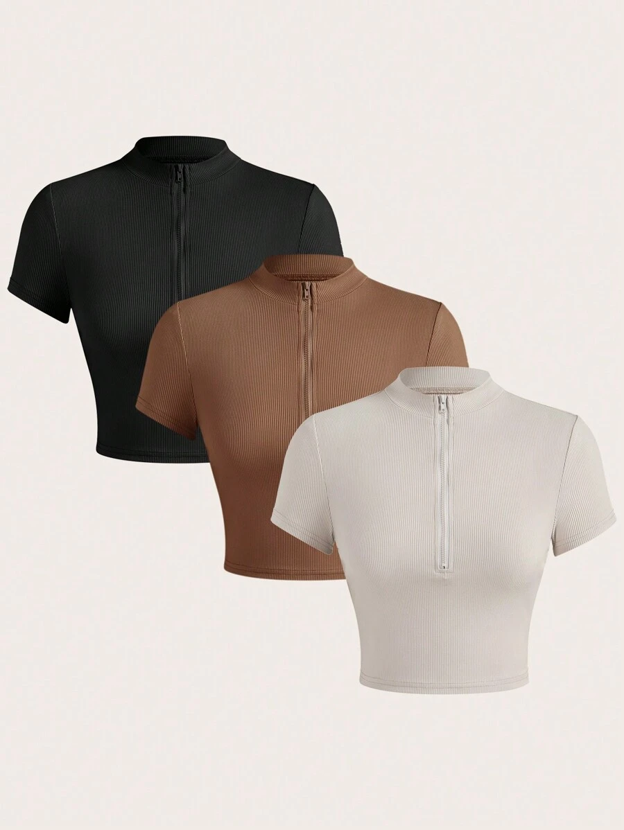 SHEIN EZwear Set de 3 camisetas de manga corta con cuello de pico y cierre de mujer de unicolor ajustadas - Multicolor - Ver 1