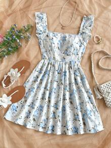 Soleia Women's Floral All Over Print Sleeveless Simple Elegant Dress - Blue - View 7