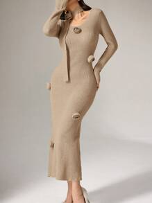 Modelyn 女士针织毛衣裙，休闲时尚，适合日常穿着 - 杏色 - 查看 4