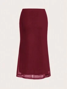 SHEIN EZwear 女士情人节心形印花鱼尾酒红色网眼半身裙 - 酒紅色 - 查看 2