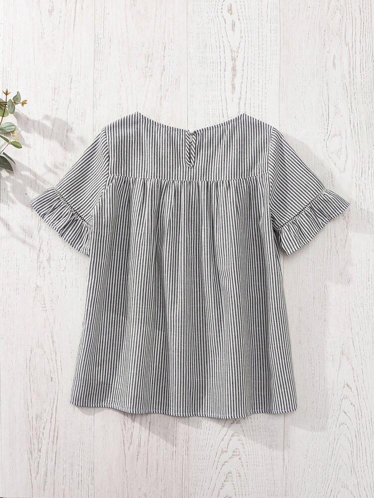 Women's Casual Striped Ruffle Short Sleeve Loose Blouse, Summer Country Women