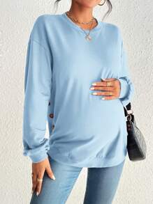 SHEIN Maternity Solid Round Neck Long Sleeve Button Up Casual Sweatshirt - Baby Blue - View 3
