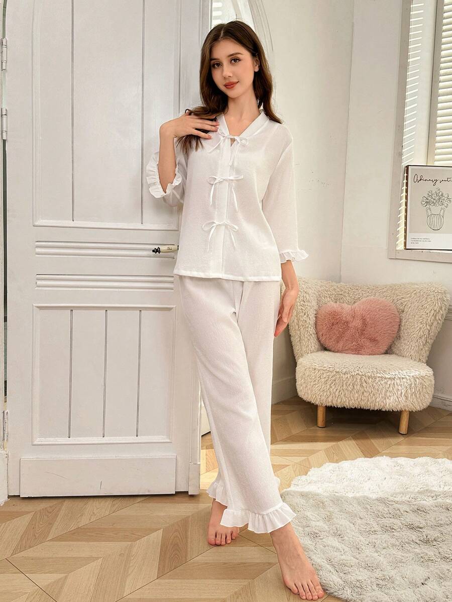 SHEIN 2 件青少年女孩纹理面料舒适蝴蝶结前丝带长袖上衣和裤子休闲家居服套装 - 白色 - 查看 1