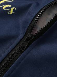 Manfinity Roghcode 男士拉链长袖字母印花时尚狂野飞行员夹克，深蓝色时尚图案夹克，适合返校外出、朋友、丈夫、男朋友的礼物，适合秋季 - 藏蓝色 - 查看 3