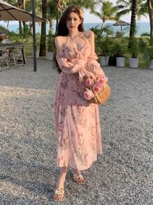 DAZY Vacation Style Beach Ditsy Floral Ruffle Trim Off Shoulder Midi Dress For Women,Summer