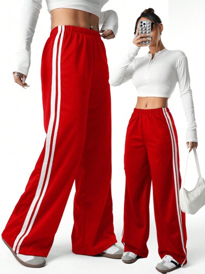 SHEIN Explorewe Girl & Teen Girl Casual Loose Knitted Drawstring Sports Pants, Red For Valentine's Day,Holiday,Summer,Travel