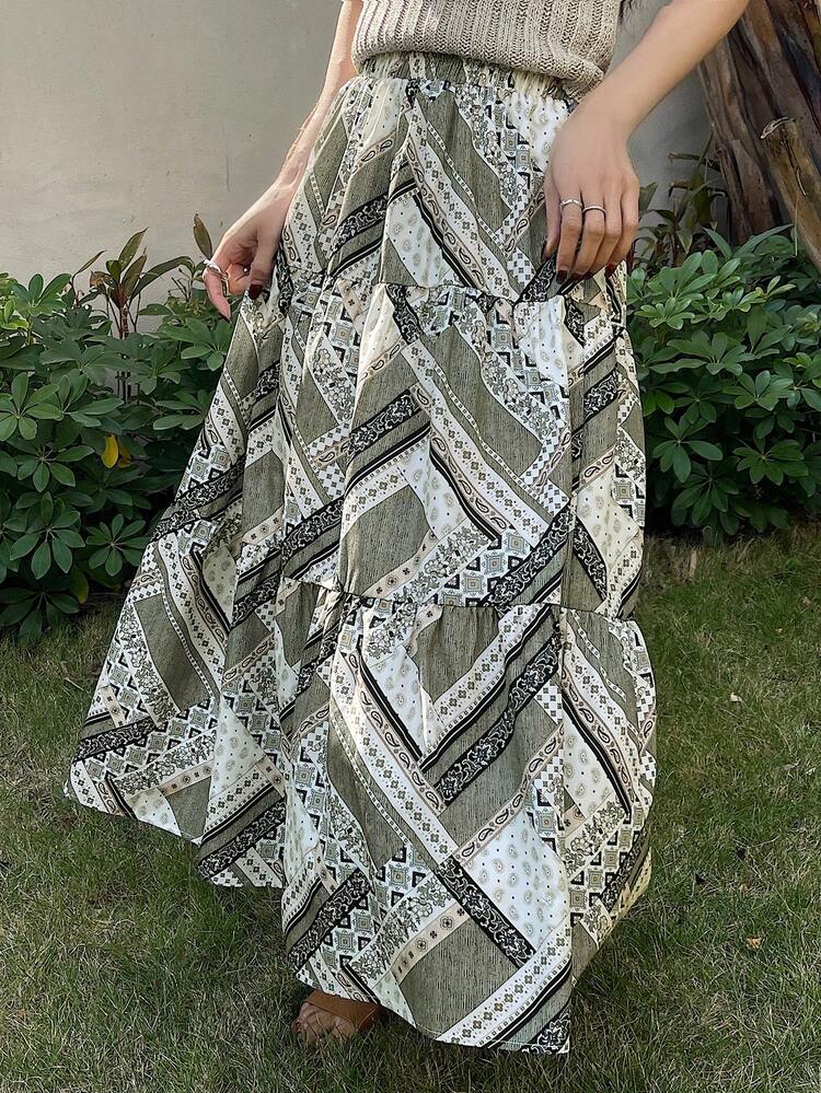 Women's Elastic Waist Printed Casual Skirt, Suitable For Leisure And Resort Summer Boho
