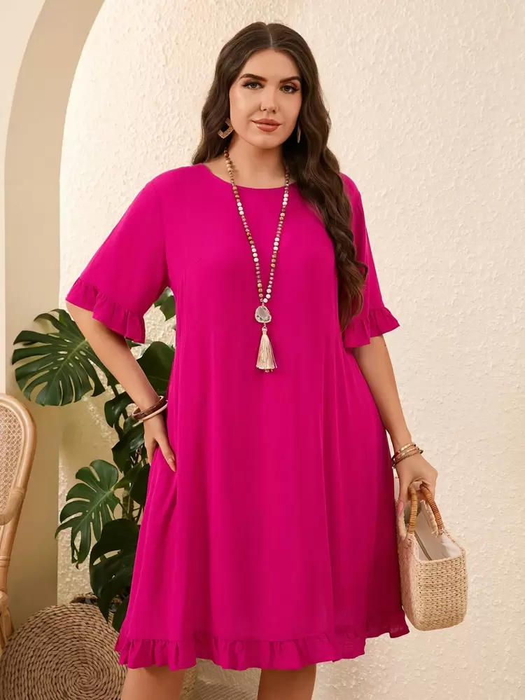 Plus Size Women Casual Solid Ruffle Hem Pink Dress With Button Embellished And Pockets,Summer Dresses For Women,St Patrick Day Outfit,Summer Outfits For Women,Vacation Outfits Woman,Casual Everyday Wear,Spring